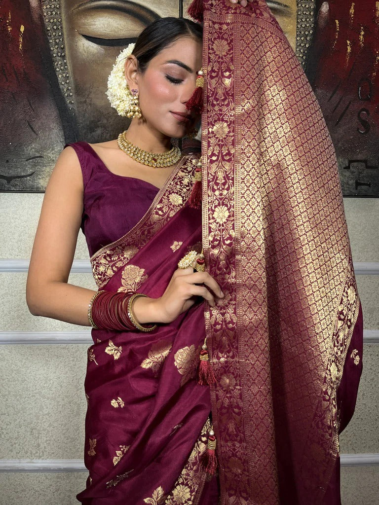 Seraphic Wine Soft Silk Saree With Tempting Blouse Piece