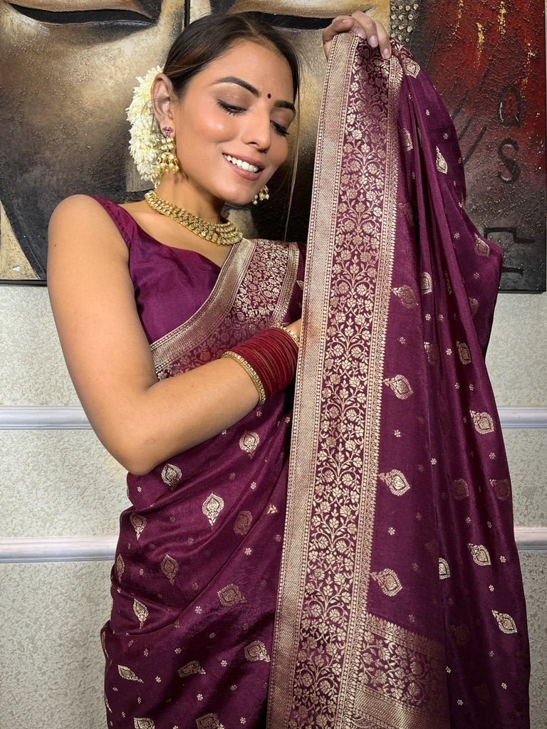 Extraordinary Wine Soft Silk Saree With Symmetrical Blouse Piece