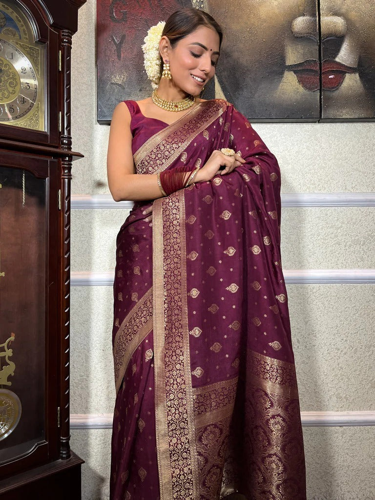 Extraordinary Wine Soft Silk Saree With Symmetrical Blouse Piece