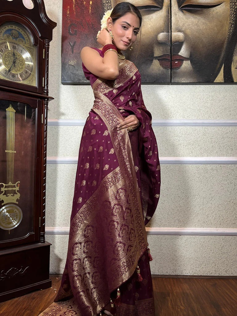 Extraordinary Wine Soft Silk Saree With Symmetrical Blouse Piece