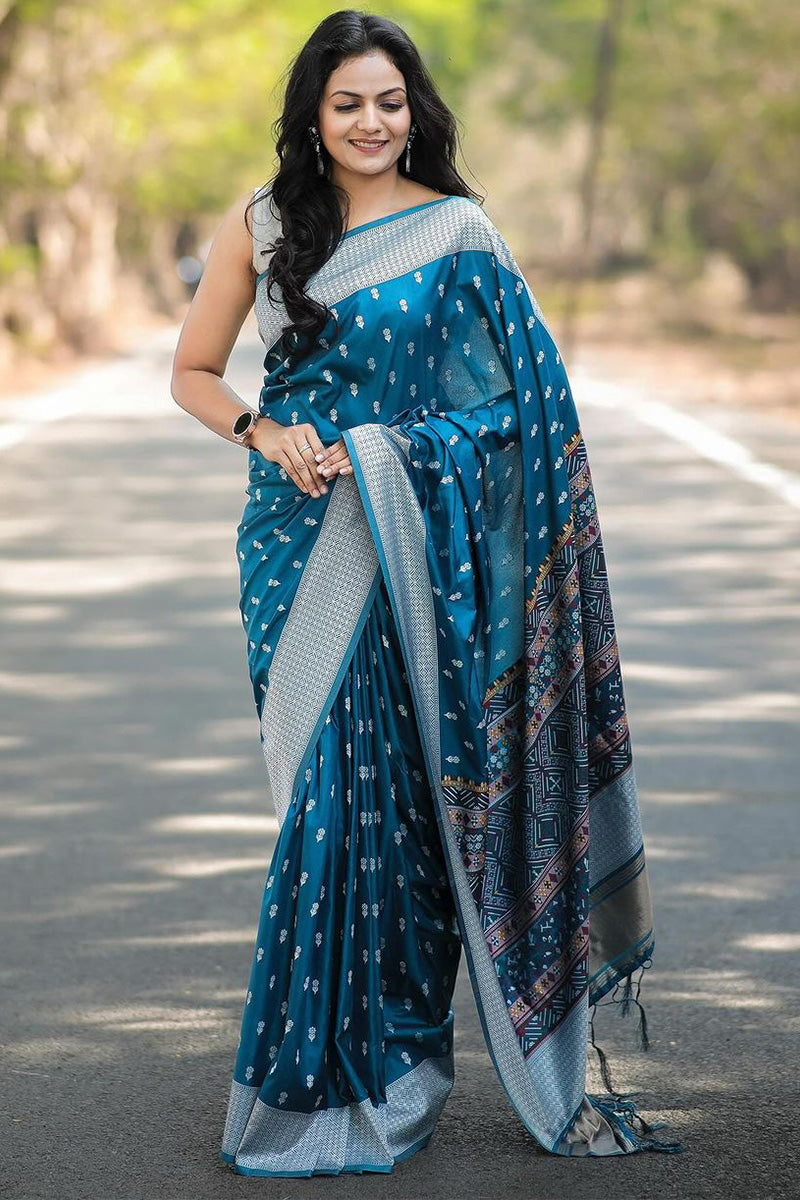 Wonderful Teal Blue Cotton Silk Saree With Extraordinary Blouse Piece