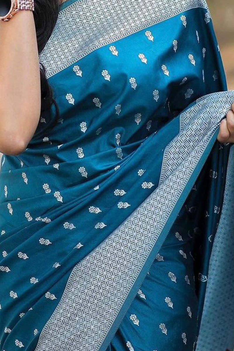 Wonderful Teal Blue Cotton Silk Saree With Extraordinary Blouse Piece