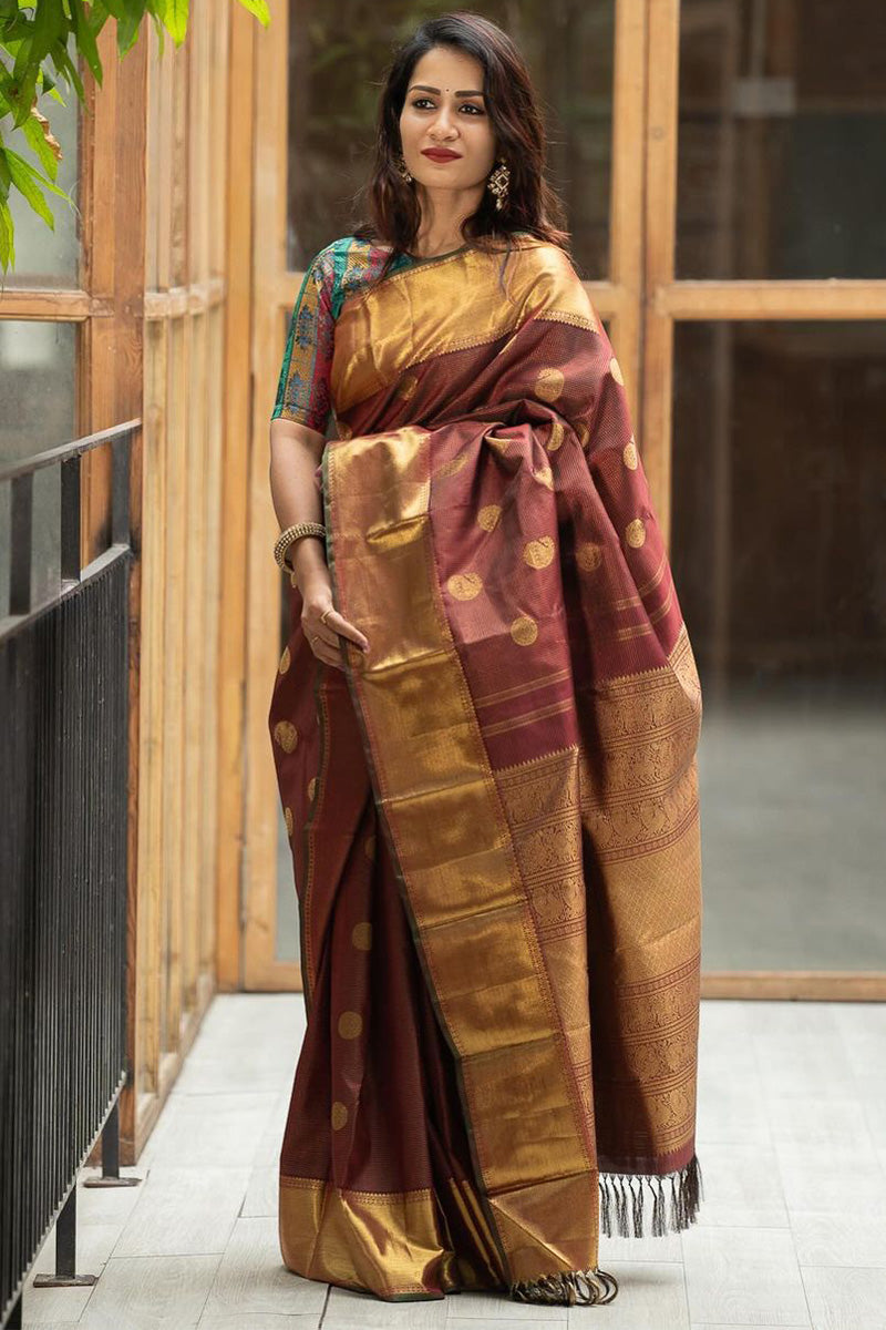 Assemblage Brown Soft Silk Saree With Elaborate Blouse Piece