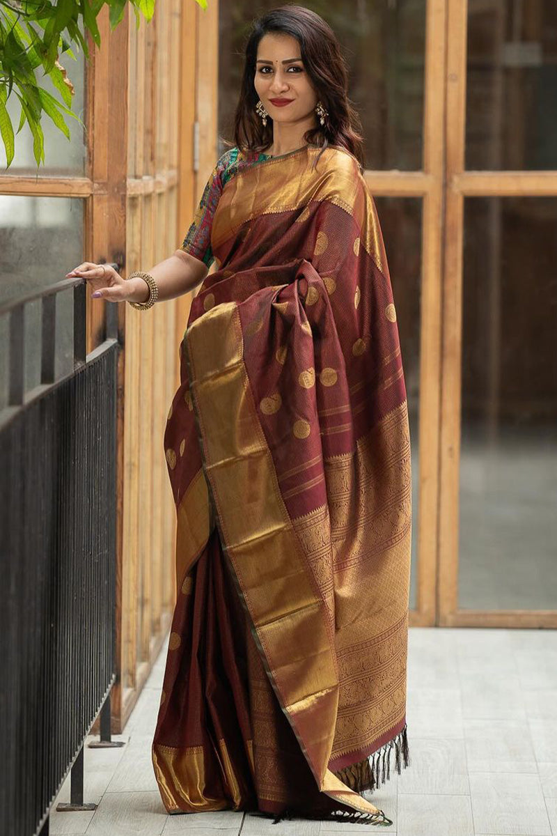 Assemblage Brown Soft Silk Saree With Elaborate Blouse Piece