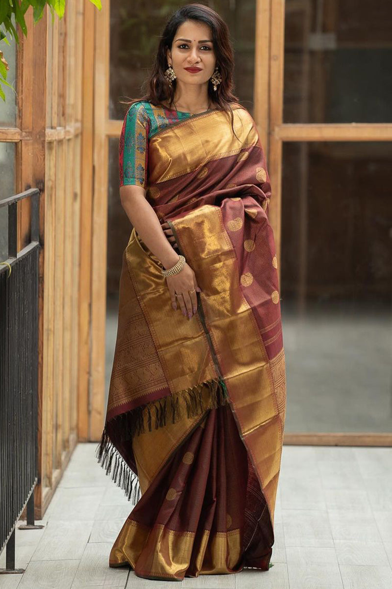 Assemblage Brown Soft Silk Saree With Elaborate Blouse Piece