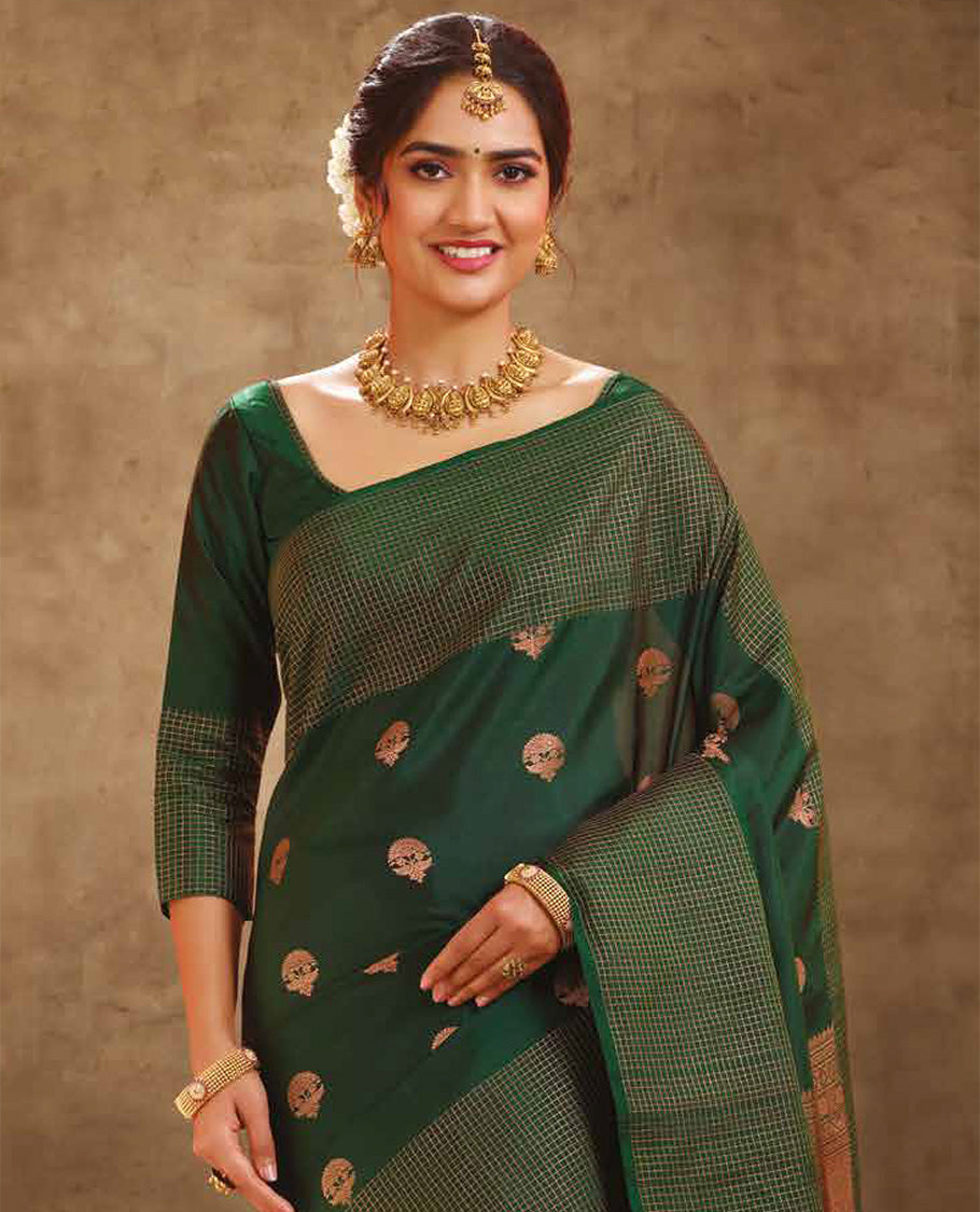 Tempting Dark Green Soft Silk Saree With Piquant Blouse Piece