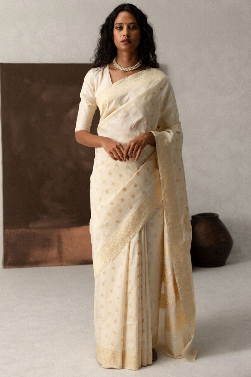 Flattering Beige Soft Silk Saree With Elegant Blouse Pieced