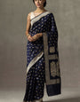 Preferable Navy Blue Soft Silk Saree With Engaging Blouse Pieced