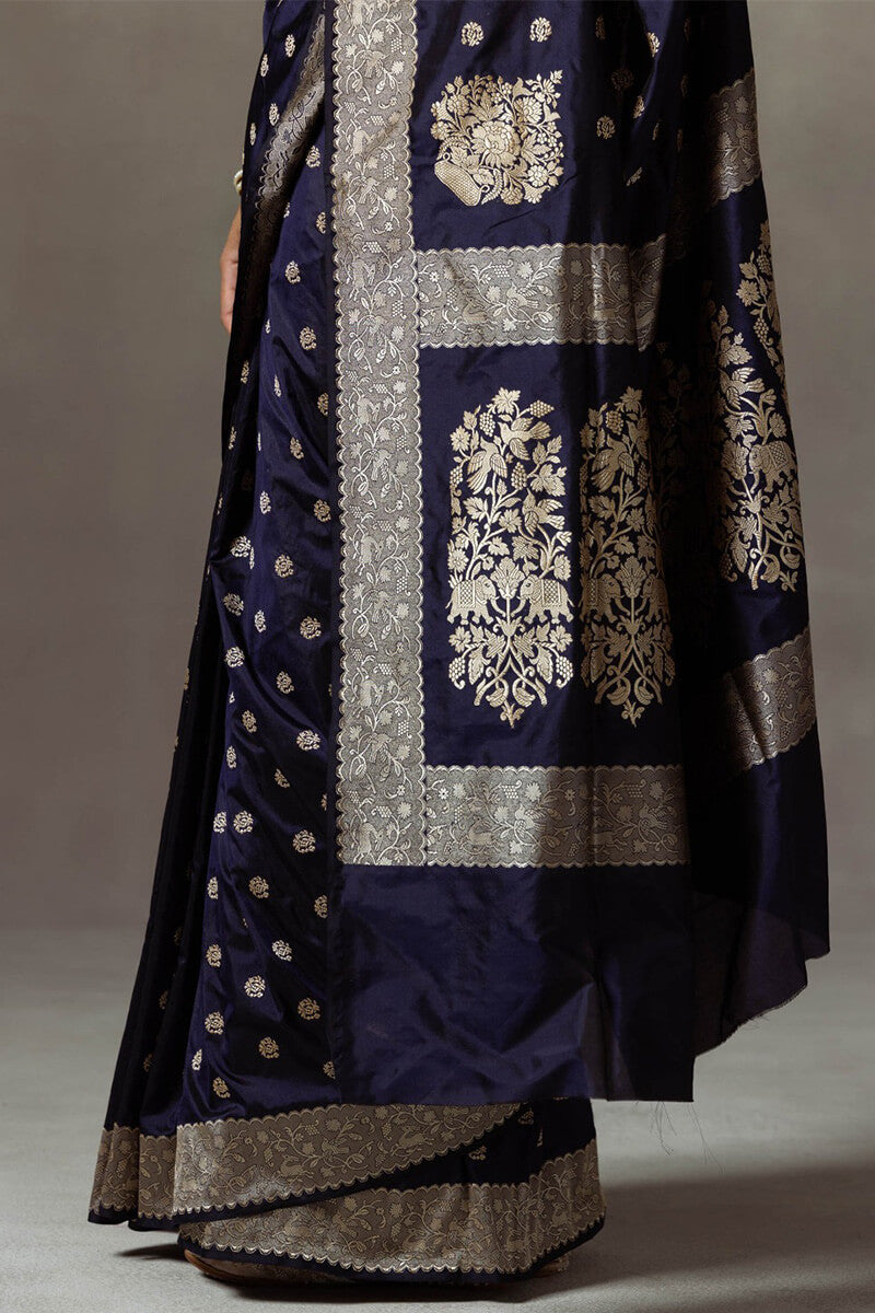 Preferable Navy Blue Soft Silk Saree With Engaging Blouse Pieced