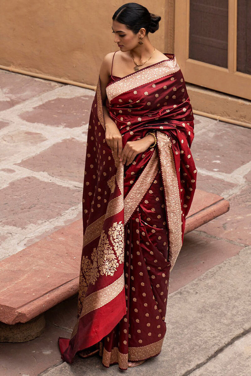 Nectarous Wine Soft Silk Saree With Fantabulous Blouse Pieced