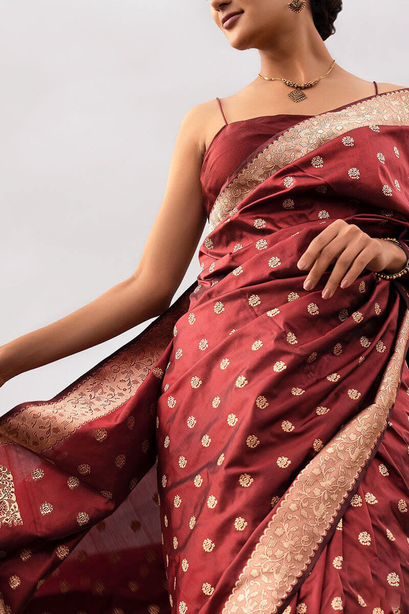 Nectarous Wine Soft Silk Saree With Fantabulous Blouse Pieced