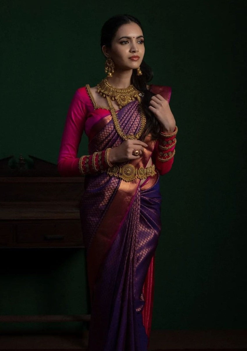 Hypnotic Purple Soft Silk Saree With Beauteous Blouse Pieced