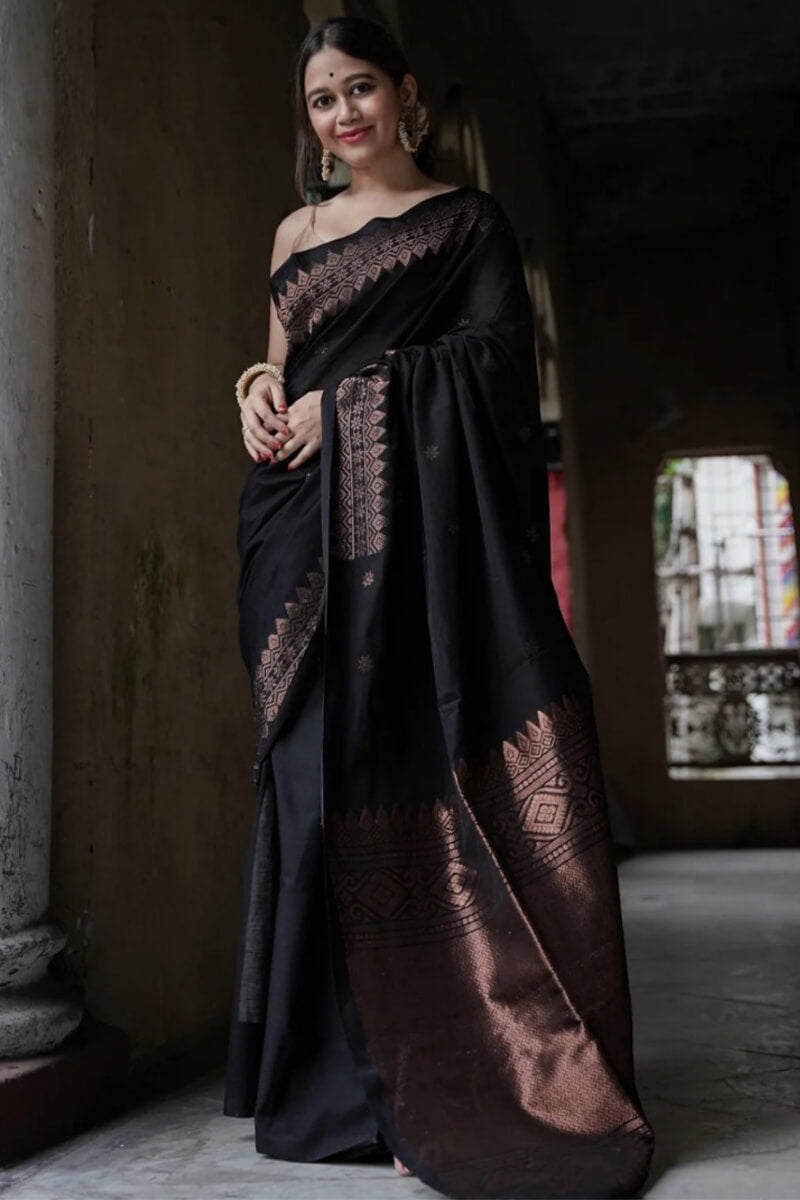 Fairytale Black Soft Silk Saree With Fancifull Blouse Piece