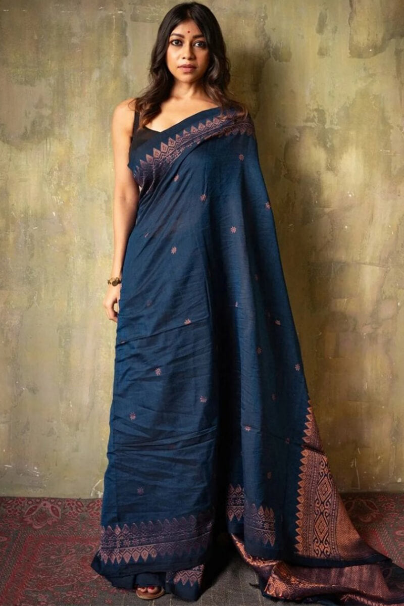 Bewitching Navy Blue Soft Silk Saree With Cynosure Blouse Pieced