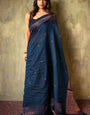 Bewitching Navy Blue Soft Silk Saree With Cynosure Blouse Pieced