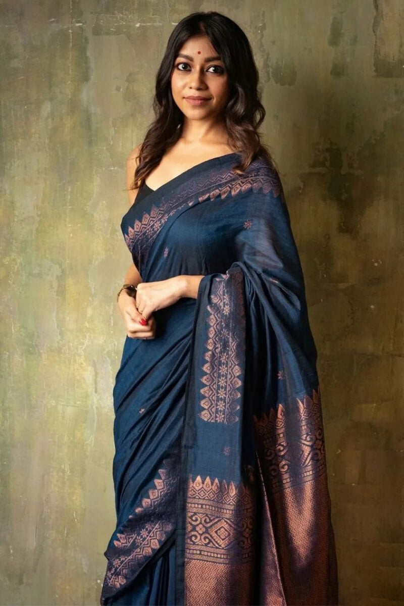 Bewitching Navy Blue Soft Silk Saree With Cynosure Blouse Pieced