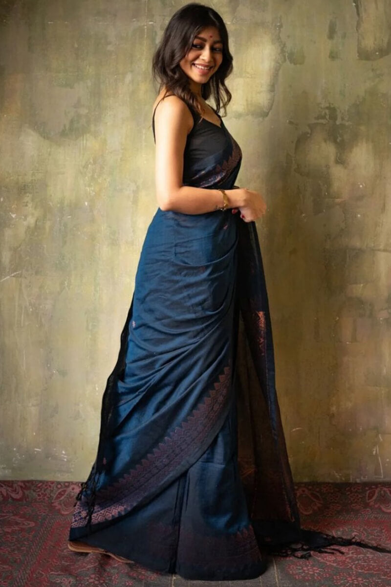 Bewitching Navy Blue Soft Silk Saree With Cynosure Blouse Pieced