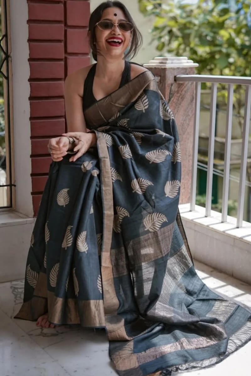 Glamorous Black Linen Silk Saree With Panache Blouse Piece