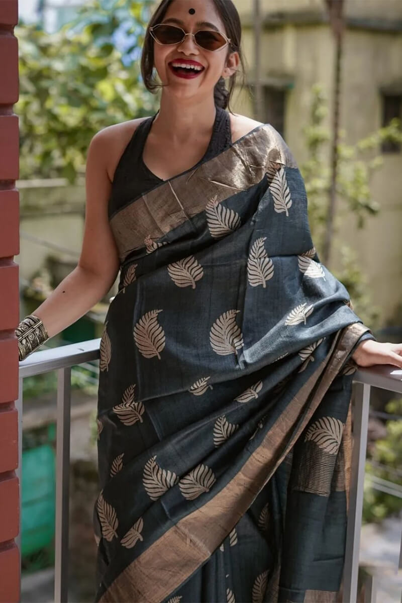 Glamorous Black Linen Silk Saree With Panache Blouse Piece