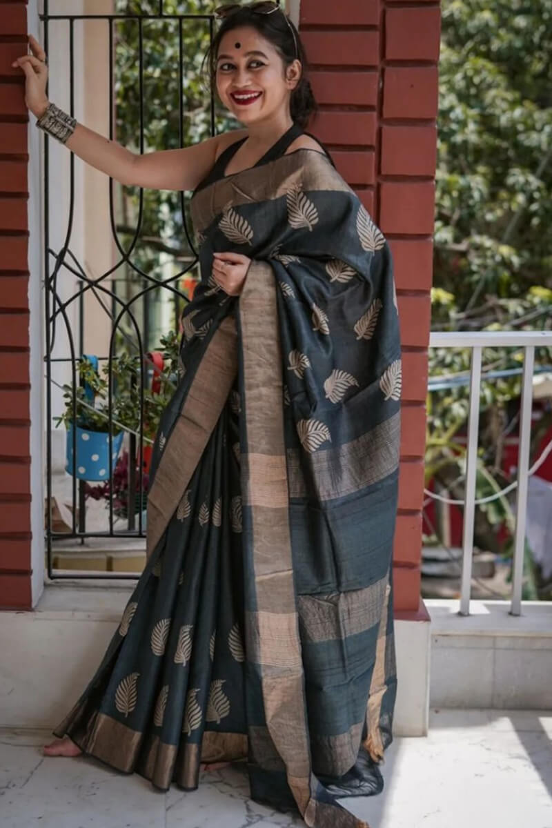 Glamorous Black Linen Silk Saree With Panache Blouse Piece