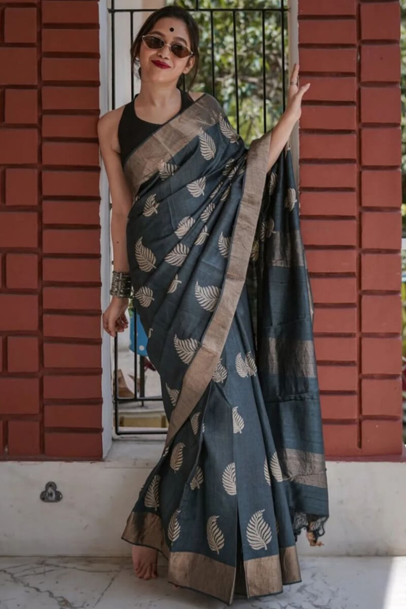 Glamorous Black Linen Silk Saree With Panache Blouse Piece