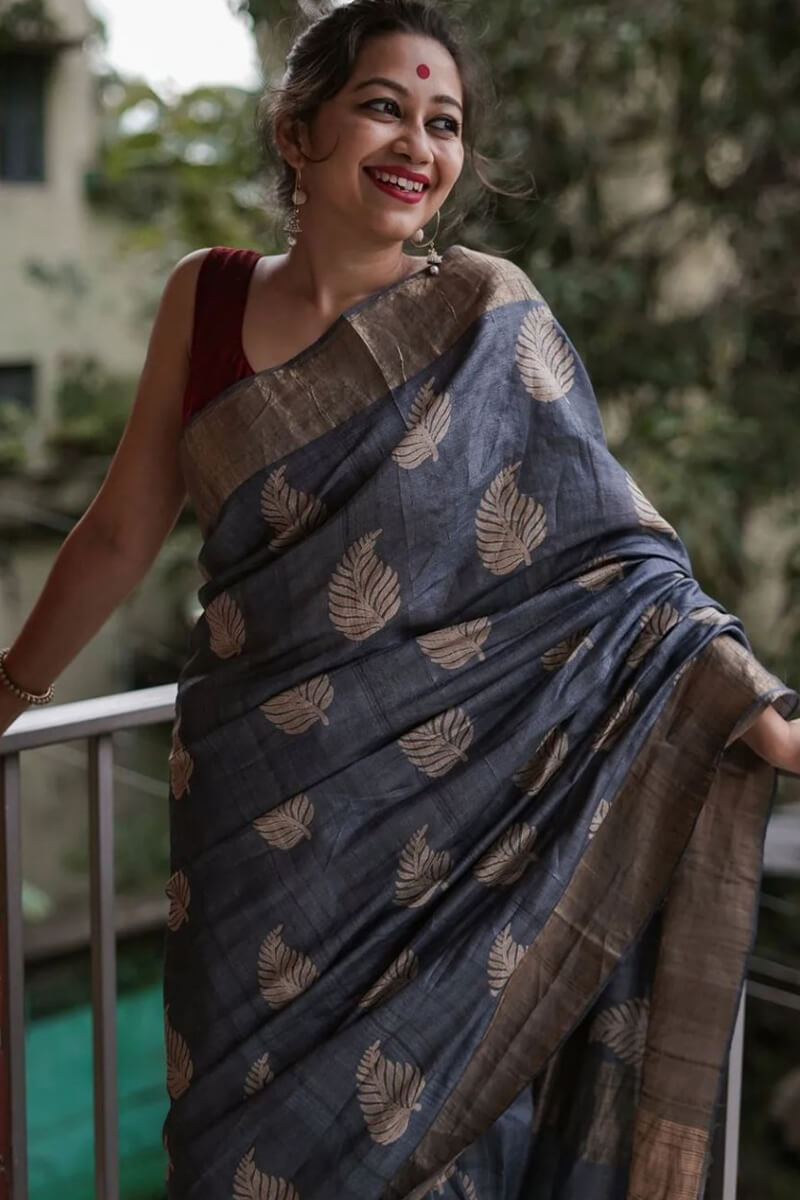 Palimpsest Grey Linen Silk Saree With Evocative Blouse Piece