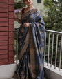 Palimpsest Grey Linen Silk Saree With Evocative Blouse Piece