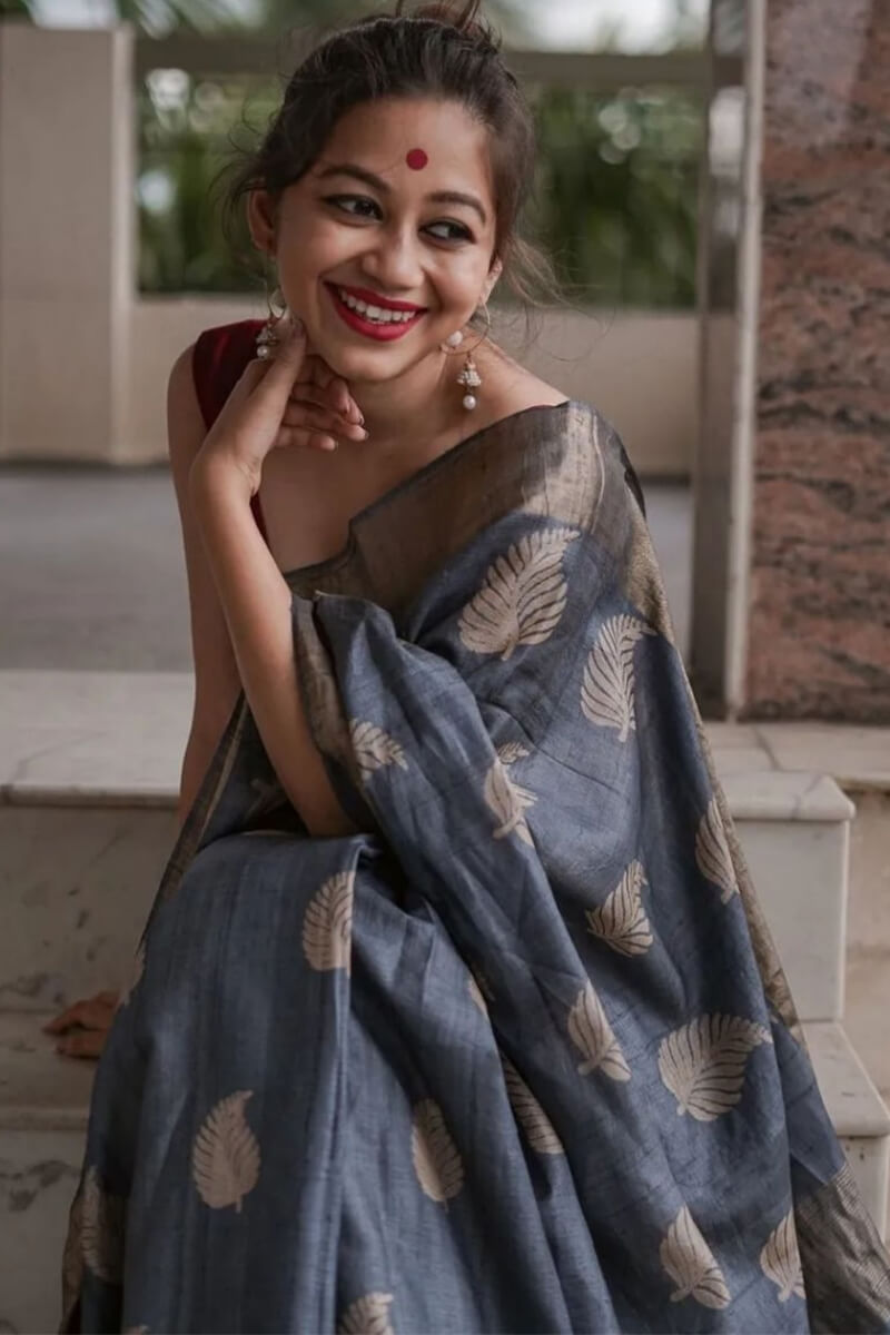 Palimpsest Grey Linen Silk Saree With Evocative Blouse Piece