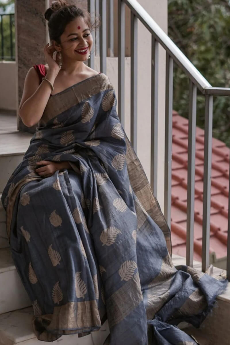 Palimpsest Grey Linen Silk Saree With Evocative Blouse Piece