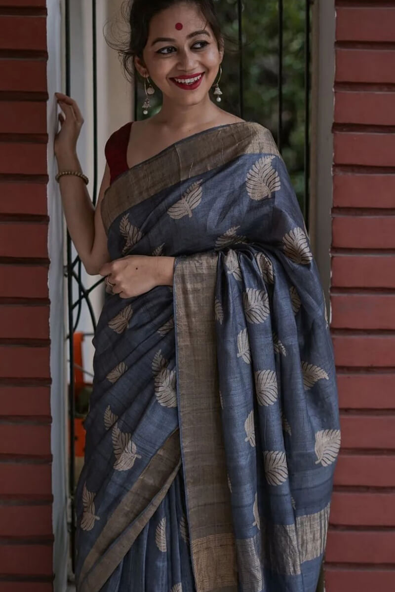 Palimpsest Grey Linen Silk Saree With Evocative Blouse Piece