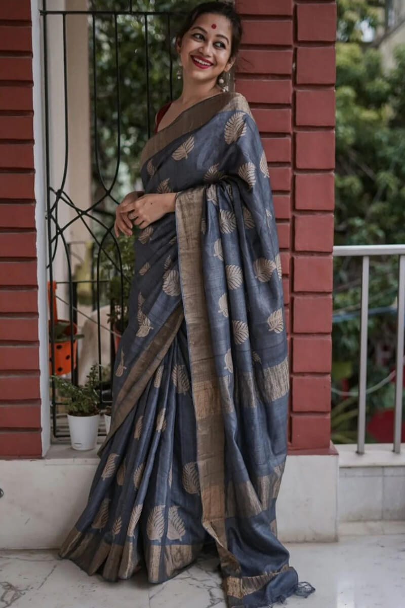 Palimpsest Grey Linen Silk Saree With Evocative Blouse Piece