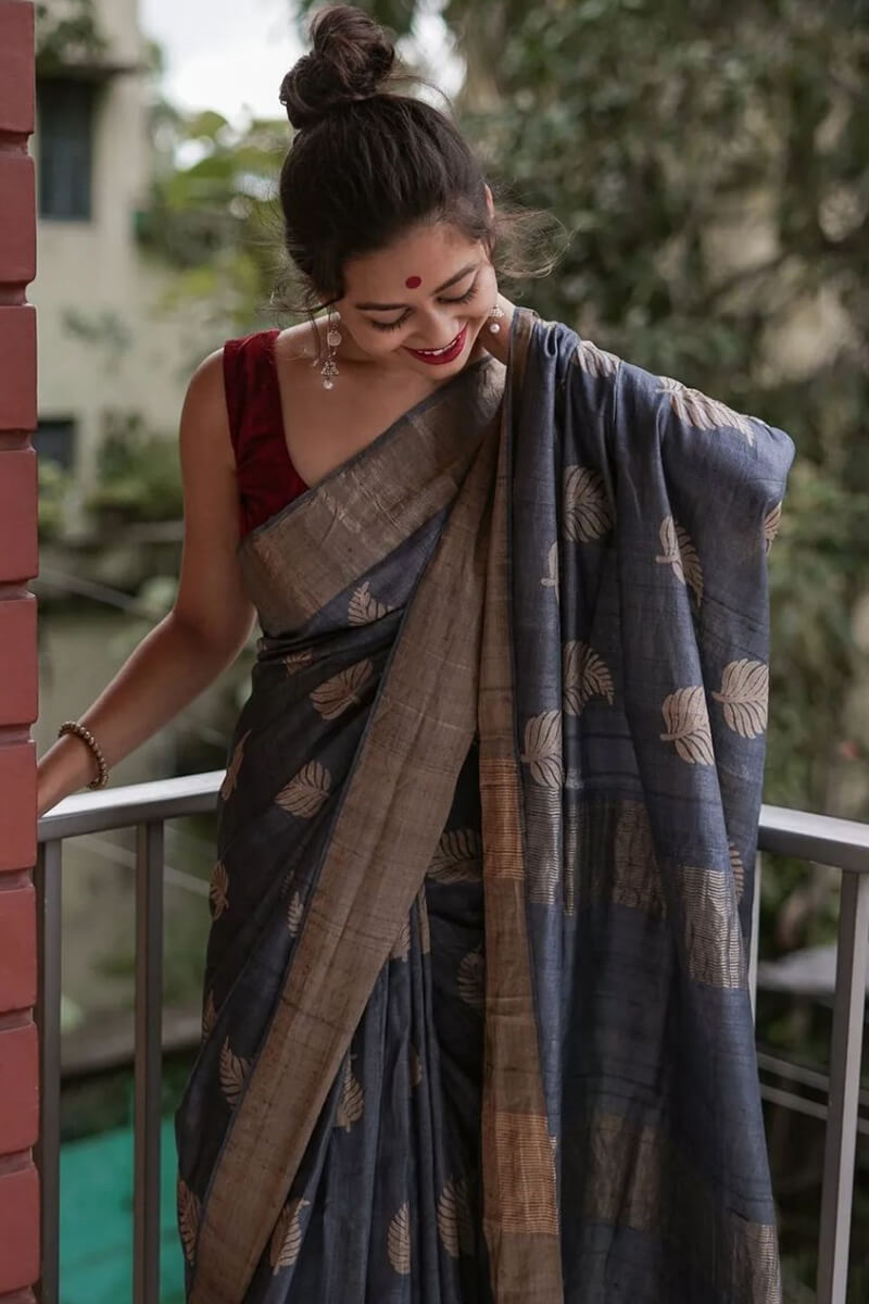 Palimpsest Grey Linen Silk Saree With Evocative Blouse Piece