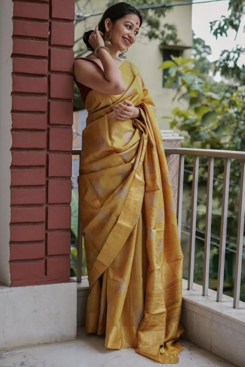 Bucolic Mustard Linen Silk Saree With Traditional Blouse Piece