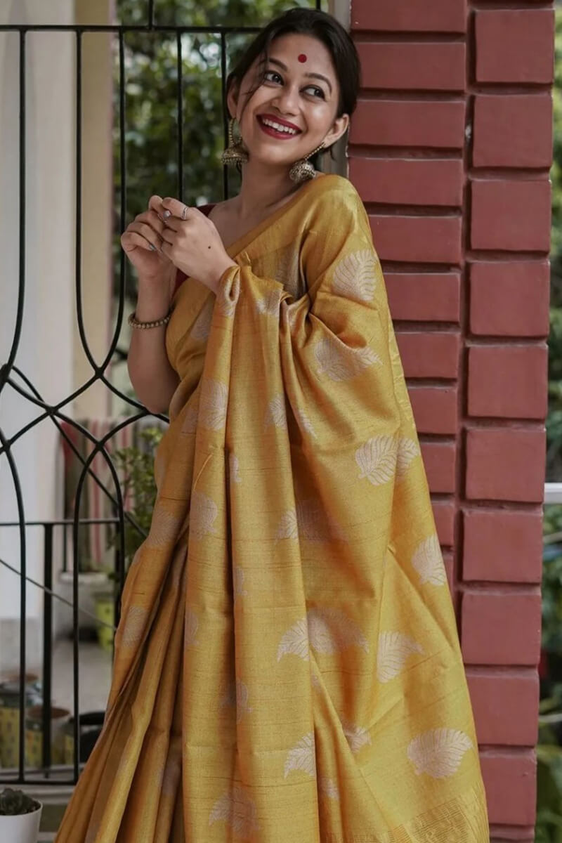 Bucolic Mustard Linen Silk Saree With Traditional Blouse Piece