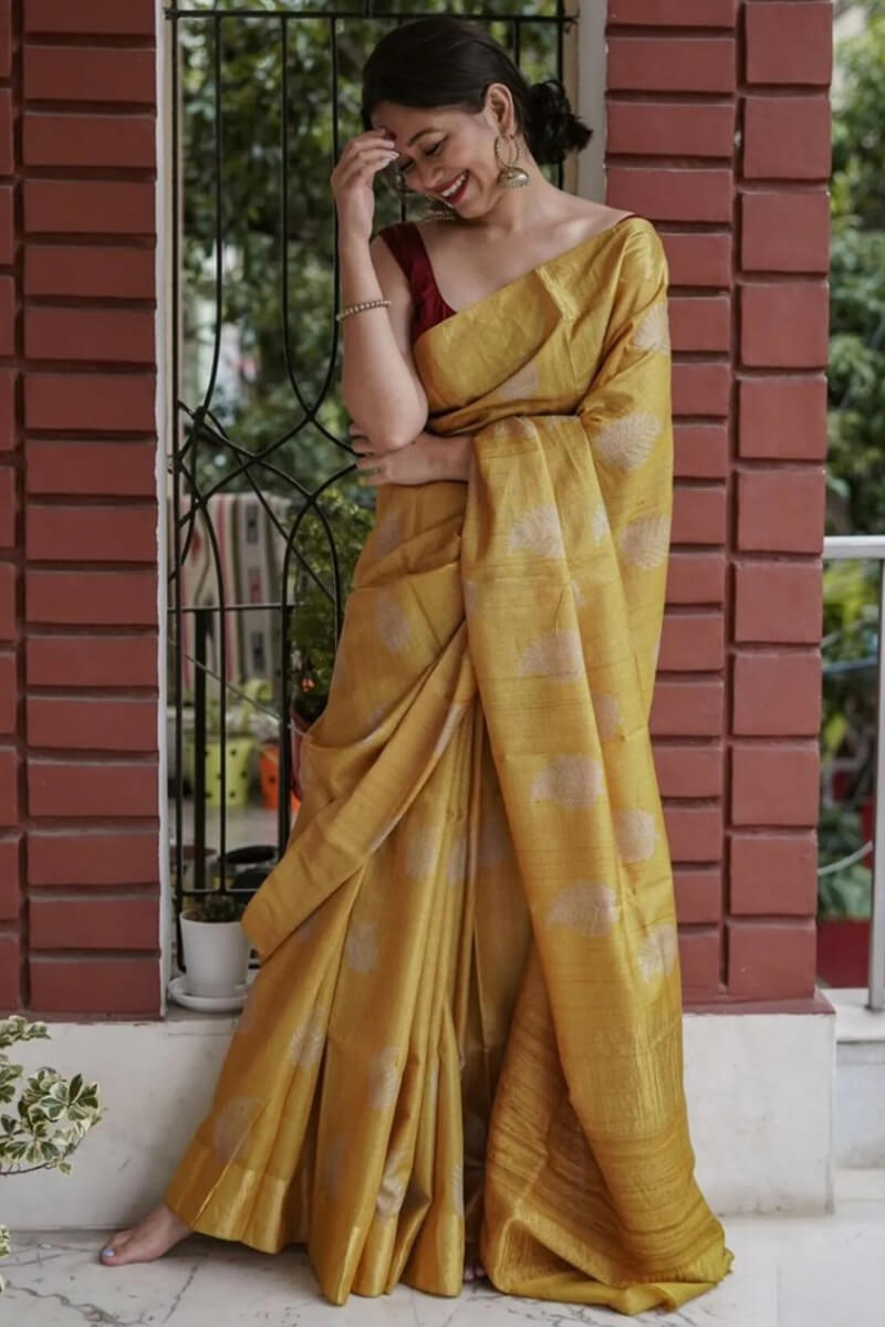 Bucolic Mustard Linen Silk Saree With Traditional Blouse Piece