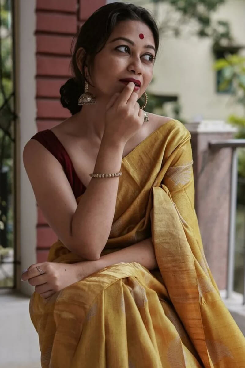 Bucolic Mustard Linen Silk Saree With Traditional Blouse Piece