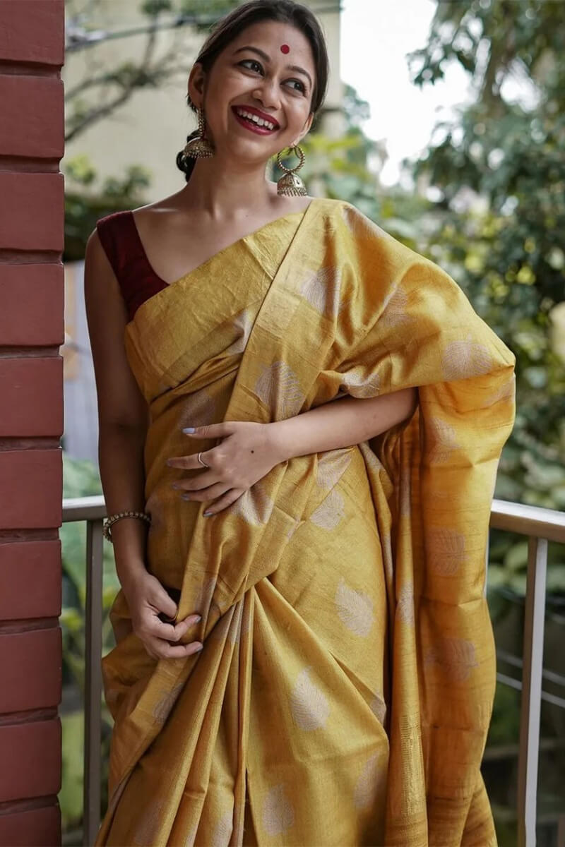 Bucolic Mustard Linen Silk Saree With Traditional Blouse Piece