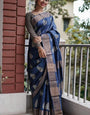 Blissful Navy Blue Linen Silk Saree With Intricate Blouse Piece