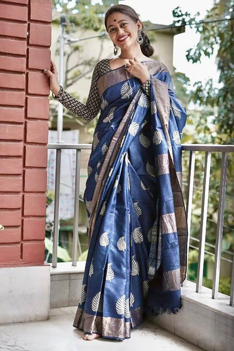 Blissful Navy Blue Linen Silk Saree With Intricate Blouse Piece