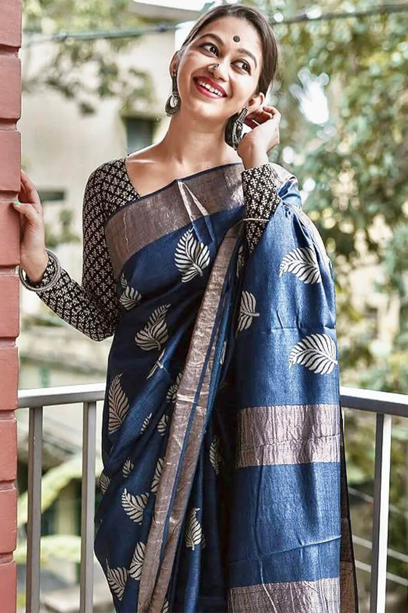 Blissful Navy Blue Linen Silk Saree With Intricate Blouse Piece