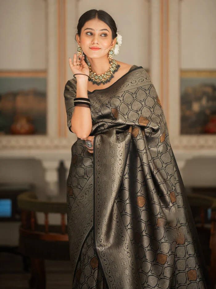 Blooming Black Soft Silk Saree With Opulent Blouse Piece