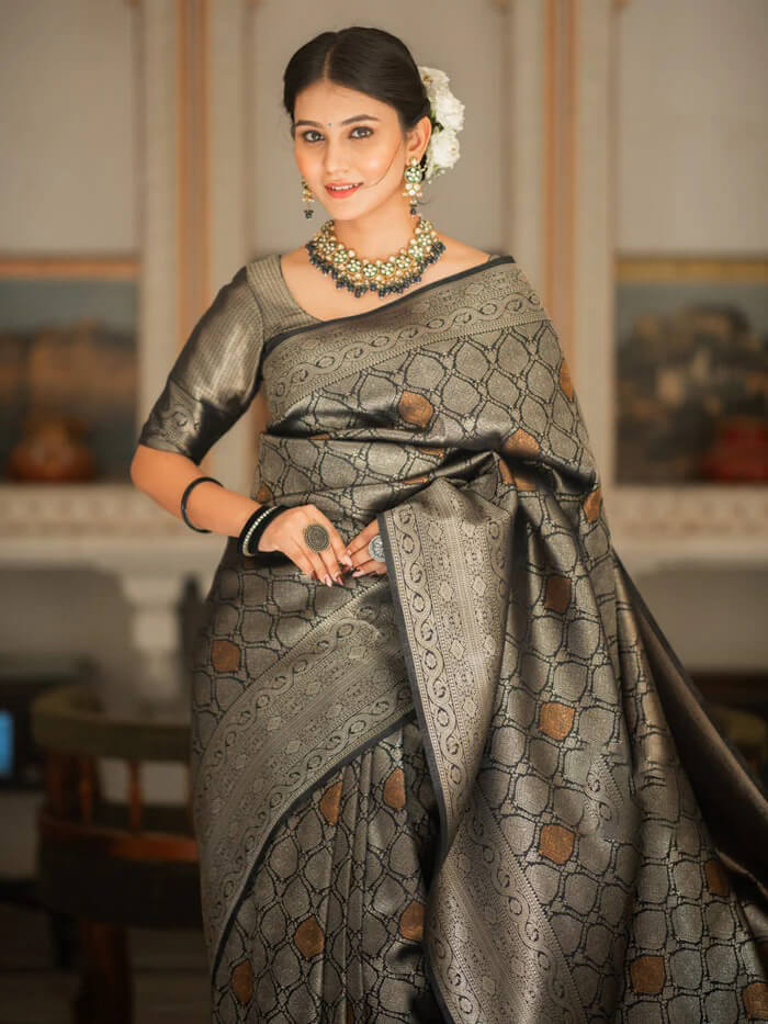 Blooming Black Soft Silk Saree With Opulent Blouse Piece