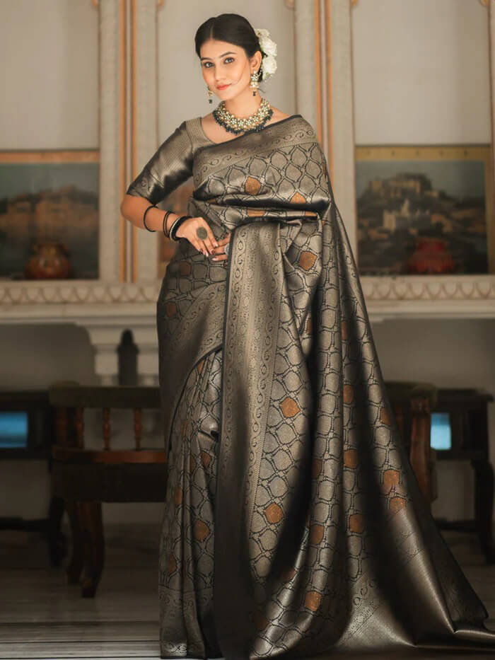 Blooming Black Soft Silk Saree With Opulent Blouse Piece