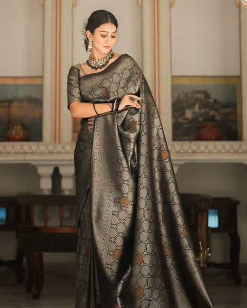 Blooming Black Soft Silk Saree With Opulent Blouse Piece