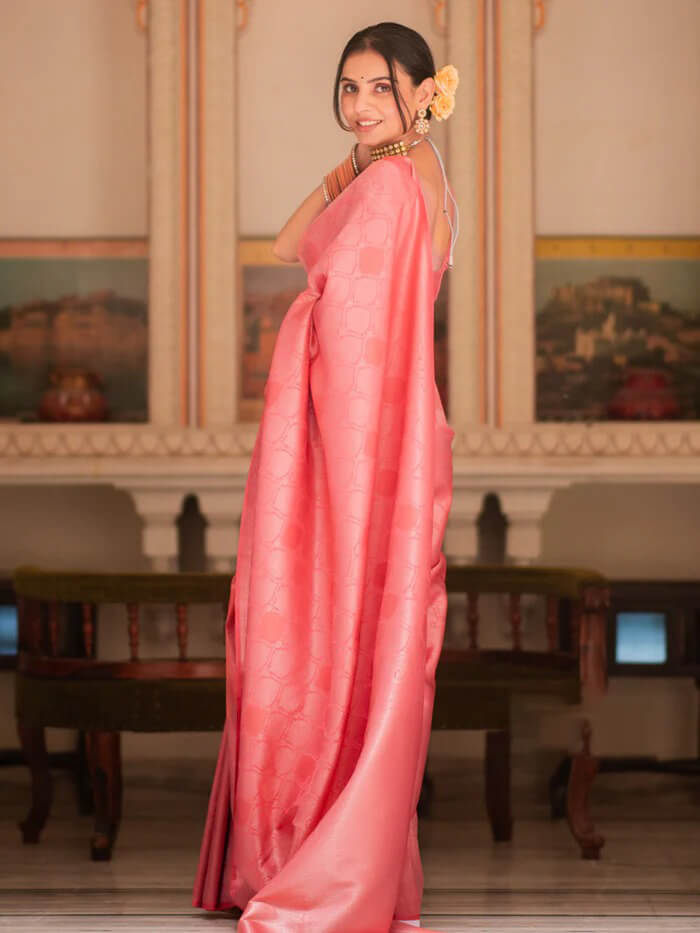 Beauteous Pink Soft Silk Saree With Comely Blouse Piece