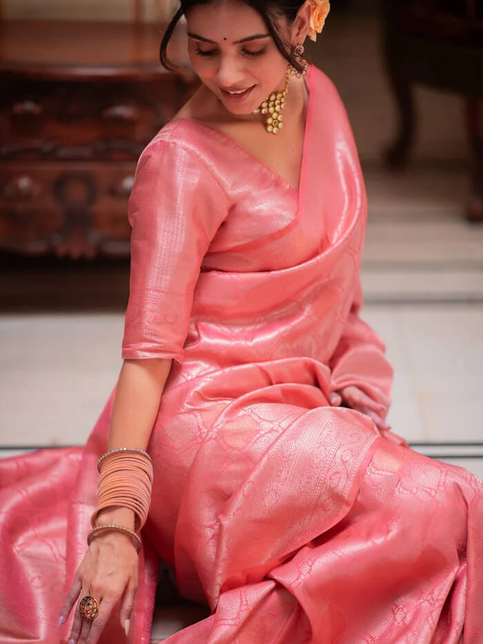 Beauteous Pink Soft Silk Saree With Comely Blouse Piece