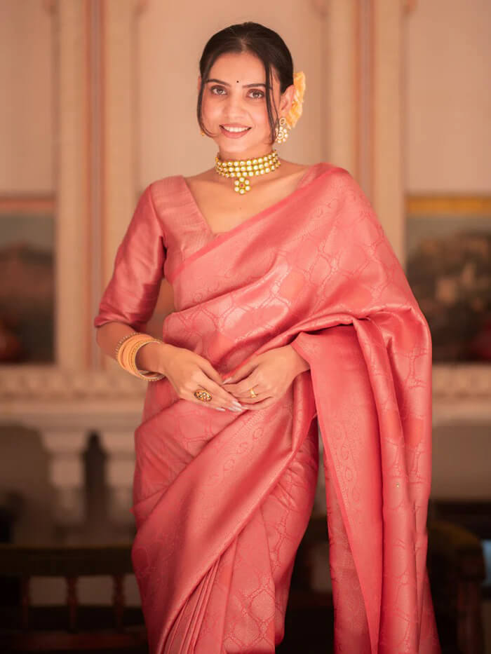 Beauteous Pink Soft Silk Saree With Comely Blouse Piece