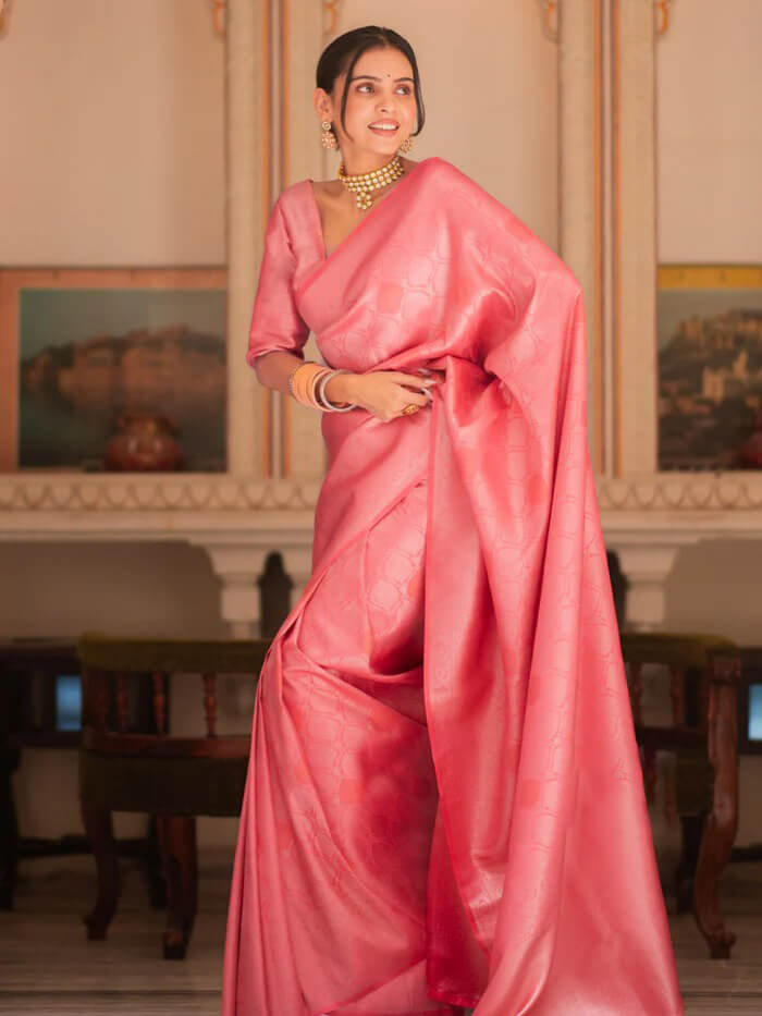 Beauteous Pink Soft Silk Saree With Comely Blouse Piece