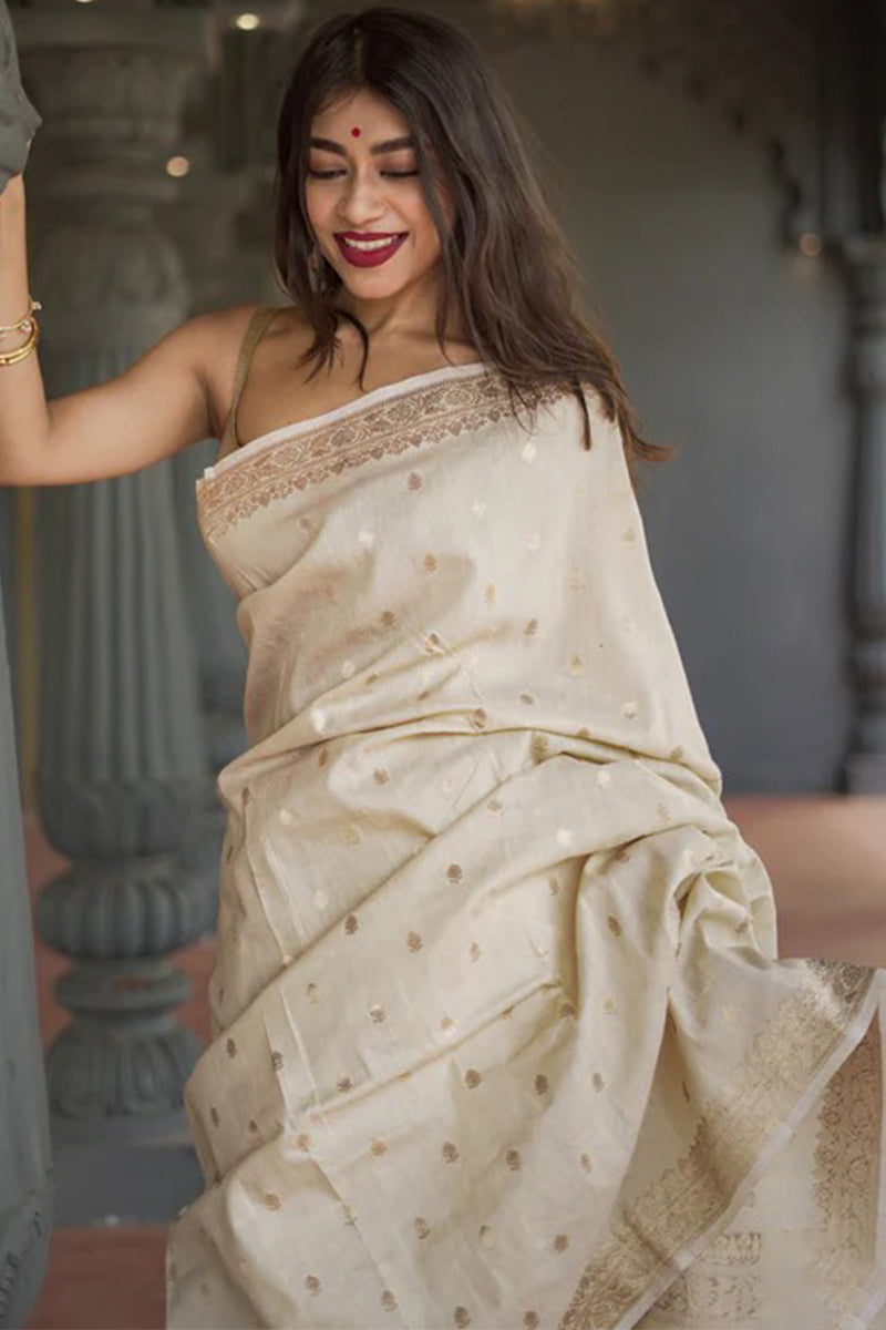 Propinquity Beige Linen Silk Saree With Delectable Blouse Piece