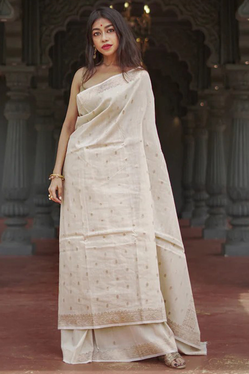 Propinquity Beige Linen Silk Saree With Delectable Blouse Piece